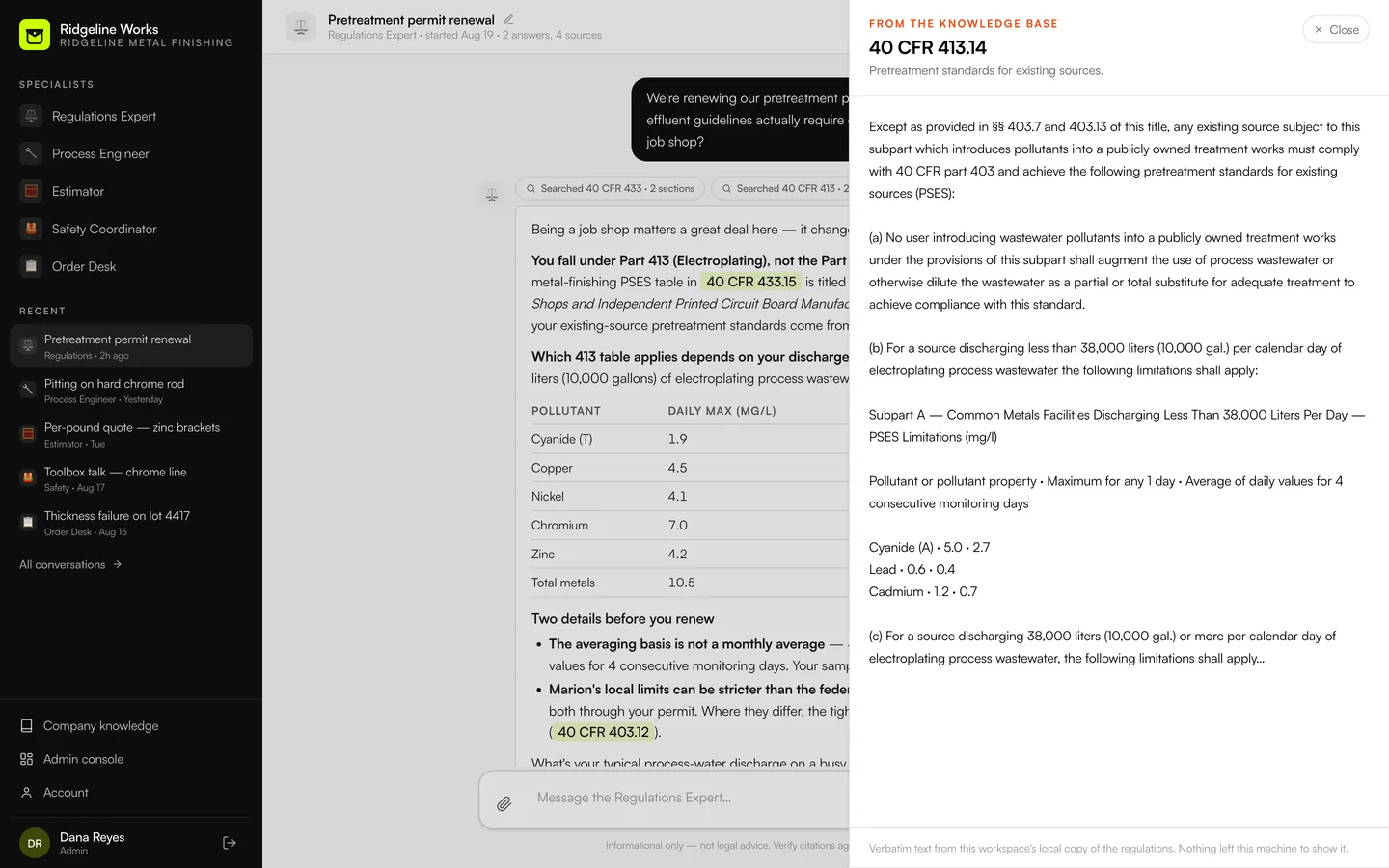 A conversation with the Regulations Expert. The answer cites 40 CFR 413.14 and 433.15; the sources drawer shows the verbatim regulation text from the workspace's local copy.