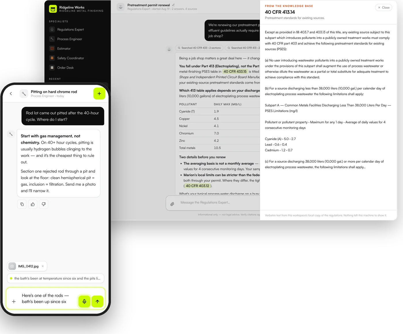 The Inner Pocket workspace on desktop and phone: a Regulations Expert answers a pretreatment-permit question with citations, the verbatim regulation text open beside it, while a Process Engineer conversation on the phone takes a dictated question and a photo.