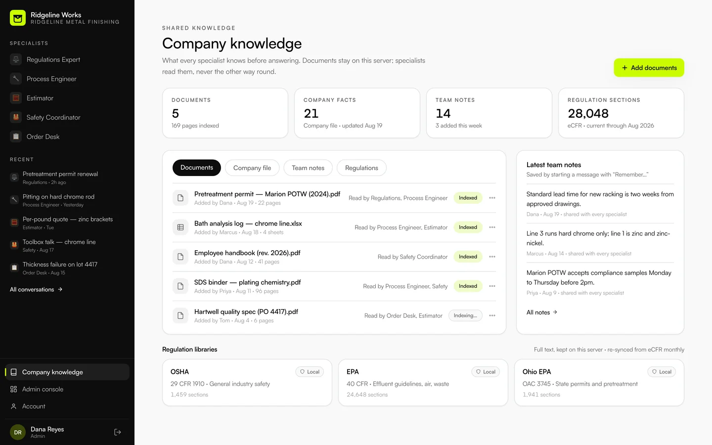 Company knowledge: uploaded documents with who added them and which specialists read them, the team's saved notes, and the regulation libraries kept on the server.