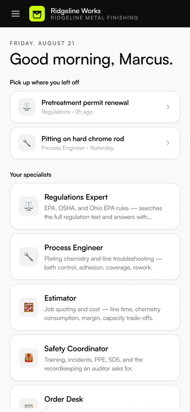 The phone home screen with the two most recent conversations and the list of specialists.
